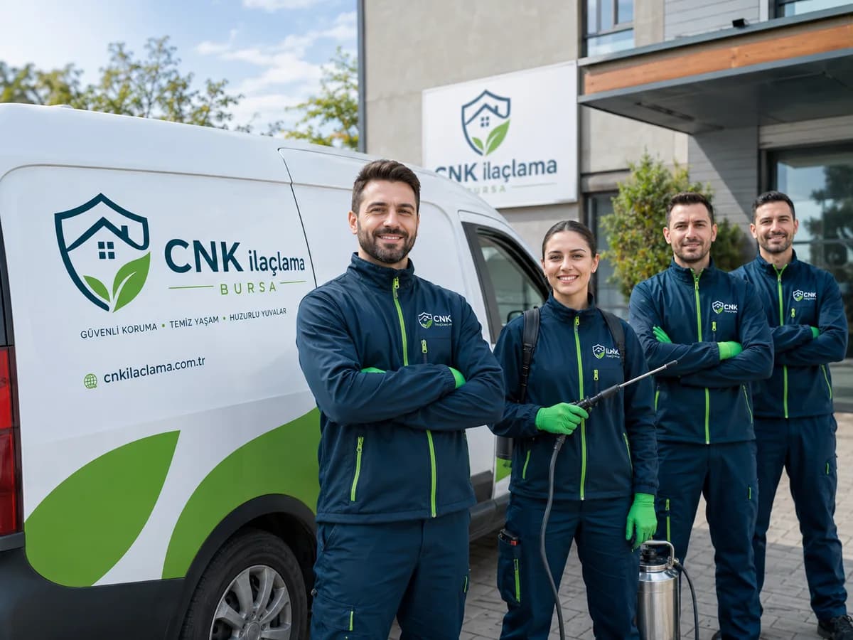 CNK İlaçlama ekibi ve hizmet aracı şirket binası önünde